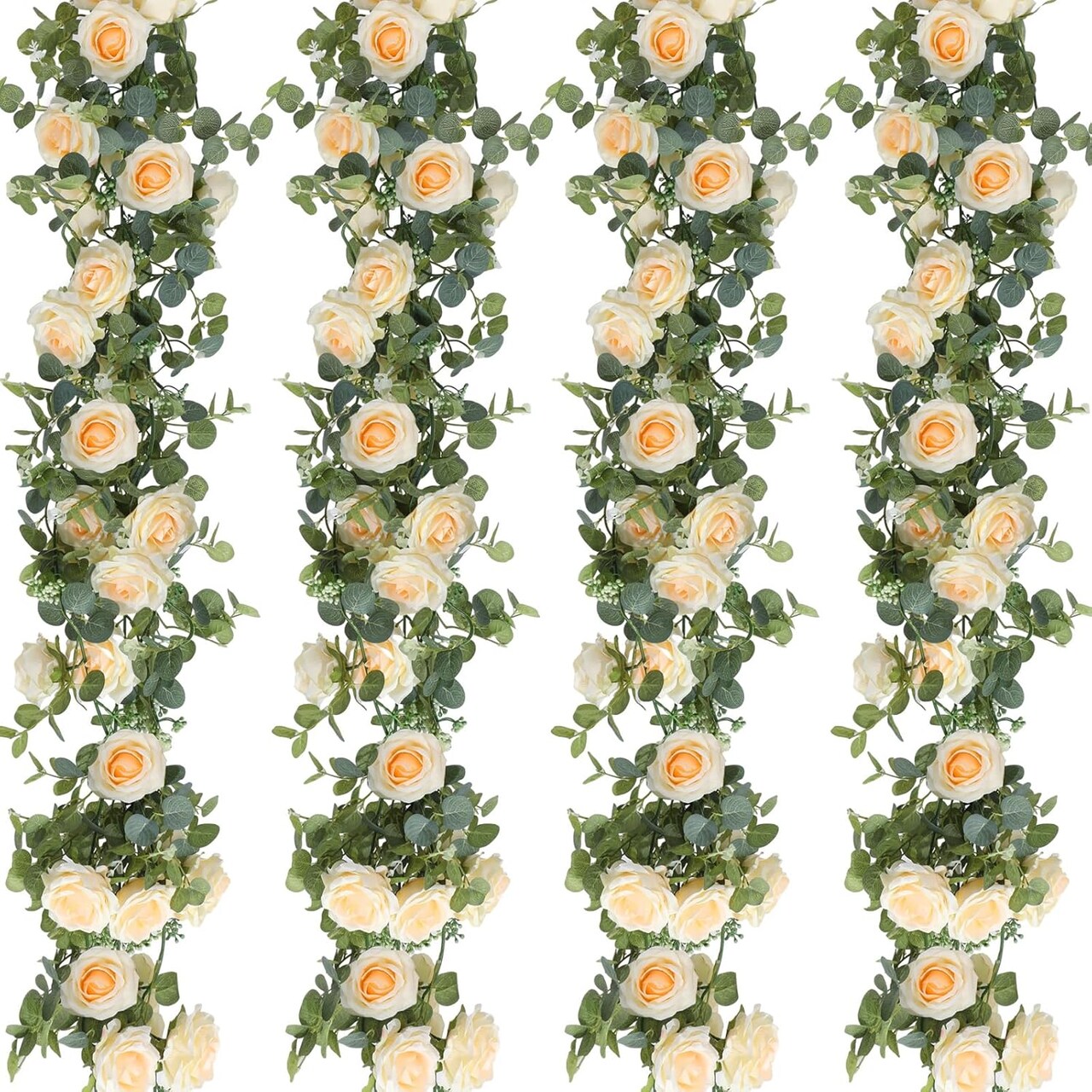 4 Pack Champagne Artificial Eucalyptus Garland with Roses - 26ft Total Faux Floral Greenery - Silk Rose Wreath Vines for Wedding Arch, Party Backdrop & Table Decor